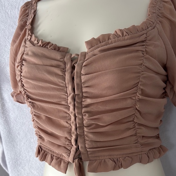 Ruched Crop Top Sheer Puff Sleeve‎ Ruffle Trim Tie Front Blouse - Picture 2 of 6